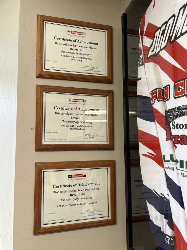 Durango Automotive Repair awards on wall